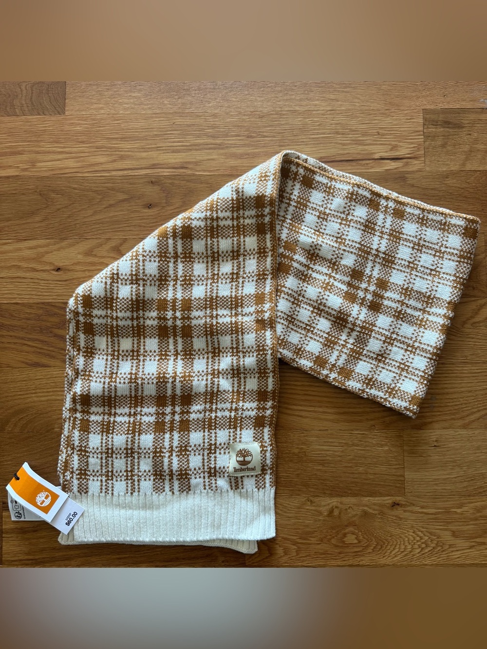 Timberland Mustard Cream Plaid Knit Scarf Unisex Winter Acrylic OS MSRP $60 NWT